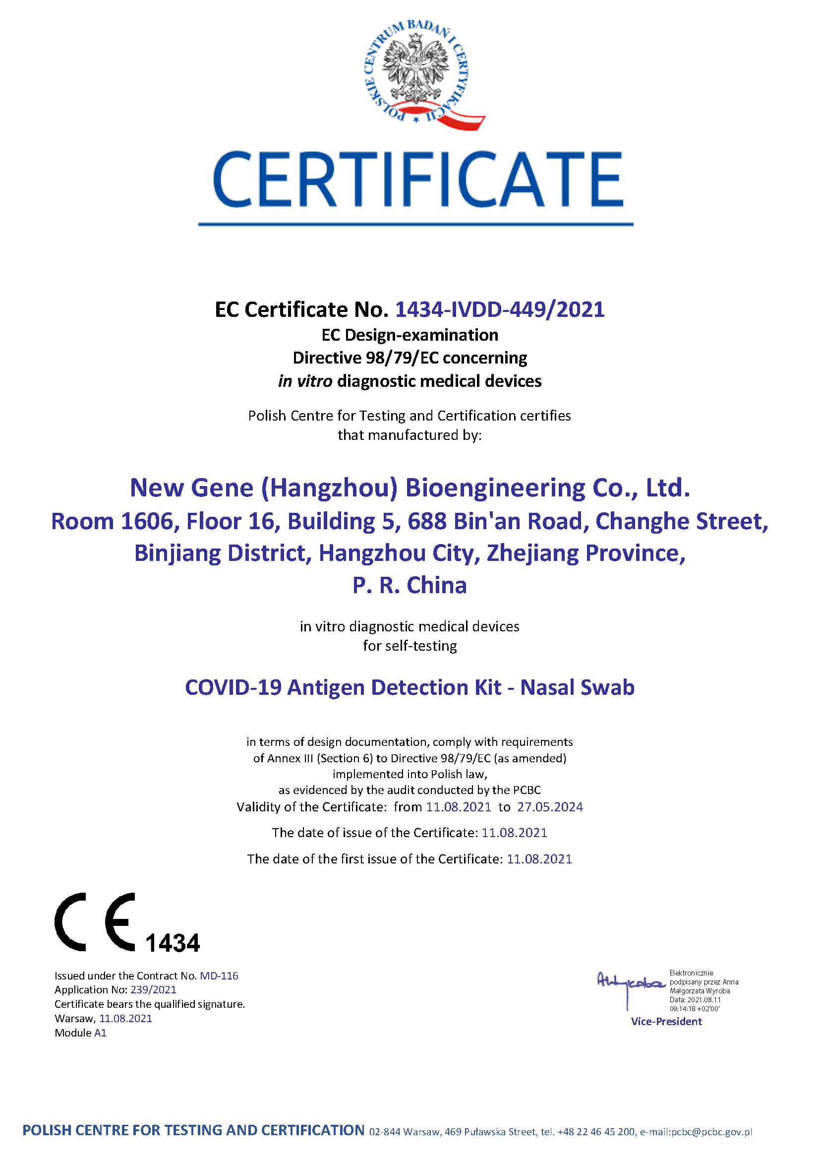 Kit di rilevamento dell'antigene del nuovo gene COVID-19 - Certificato di autotest (PCBC 1434)